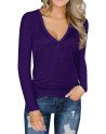 Women's Long Sleeve Button Front V Neck Casual T-Shirt Purple