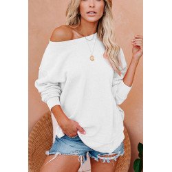 Solid Long Sleeve One Shoulder Slit Sweatshirt White