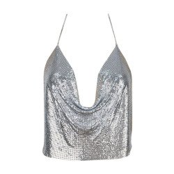 Womens Chain Halter Plunging Neck Backless Sequined Crop Top Silvery