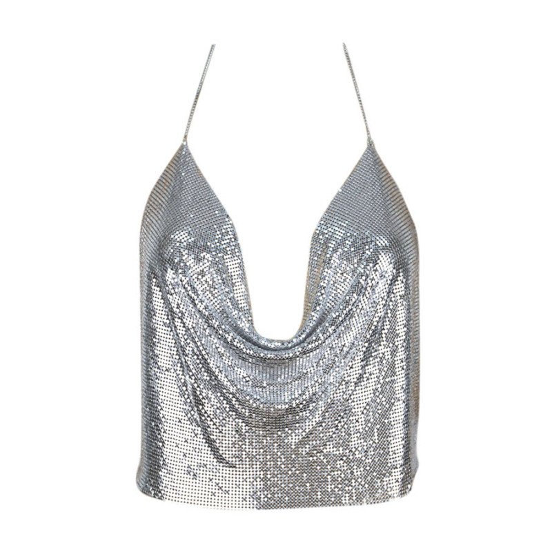 Womens Chain Halter Plunging Neck Backless Sequined Crop Top Silvery