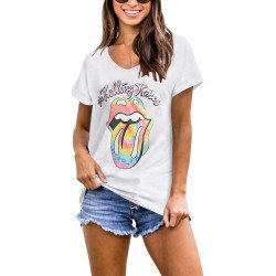 Casual Tie Dye Lip Print V Neck T-Shirt White