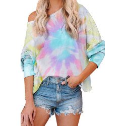 Thread Tie Dye Dolman Long Sleeve Boat Neck T-Shirt Blue