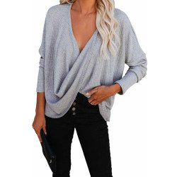 Womens Casual Long Sleeve Wrap V Neck Blouses Tops Shirts