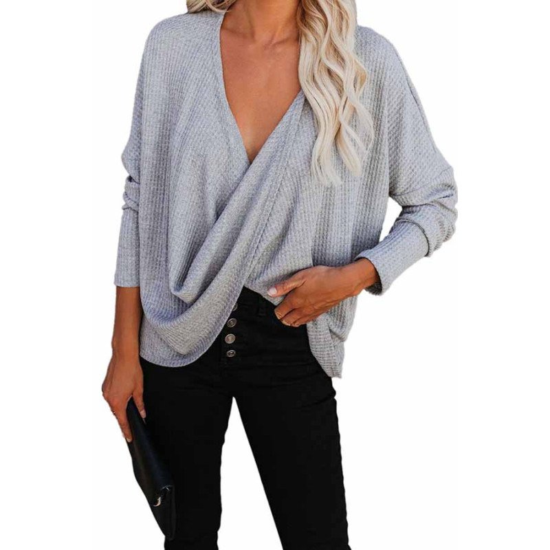 Womens Casual Long Sleeve Wrap V Neck Blouses Tops Shirts