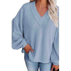 Women's Waffle Knit Lantern Sleeve V Neck T-Shirt