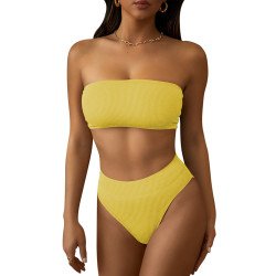 Women's Ribbed High Waist Two Piece Bandeau Swimsuit