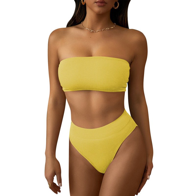 Women's Ribbed High Waist Two Piece Bandeau Swimsuit