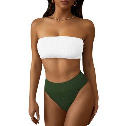 Women's Ribbed High Waist Two Piece Bandeau Swimsuit