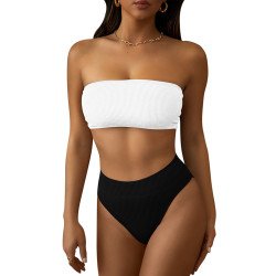 Women's Ribbed High Waist Two Piece Bandeau Swimsuit