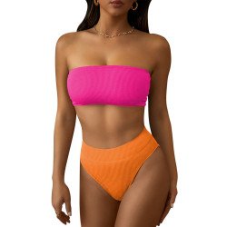 Women's Ribbed High Waist Two Piece Bandeau Swimsuit