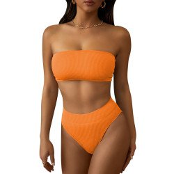 Women's Ribbed High Waist Two Piece Bandeau Swimsuit