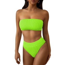 Women's Ribbed High Waist Two Piece Bandeau Swimsuit