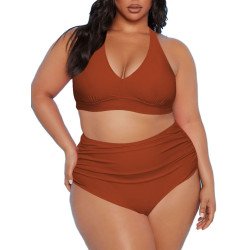 Women's Plus Size Two Piece Halter High Waist Tummy Control Bathing Suit