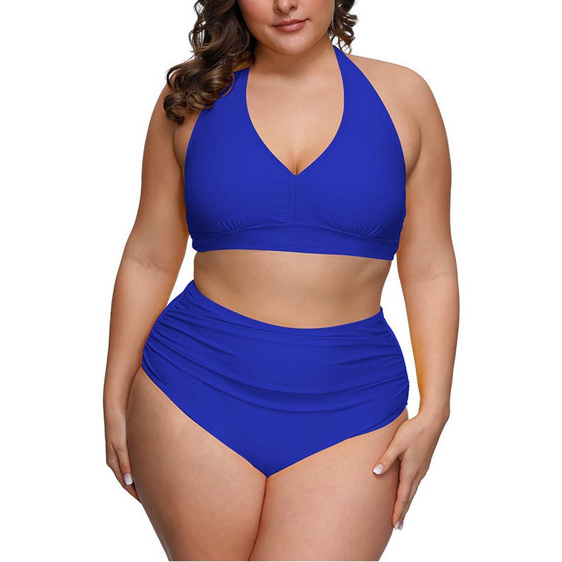 Women's Plus Size Two Piece Halter High Waist Tummy Control Bathing Suit