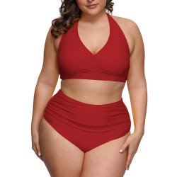 Women's Plus Size Two Piece Halter High Waist Tummy Control Bathing Suit