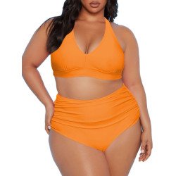 Women's Plus Size Two Piece Halter High Waist Tummy Control Bathing Suit