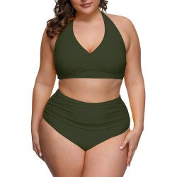 Women's Plus Size Two Piece Halter High Waist Tummy Control Bathing Suit