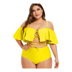 Women Two Piece High Waisted Bikini Set Lace Up Ruffle Two Piece Bathing Suit