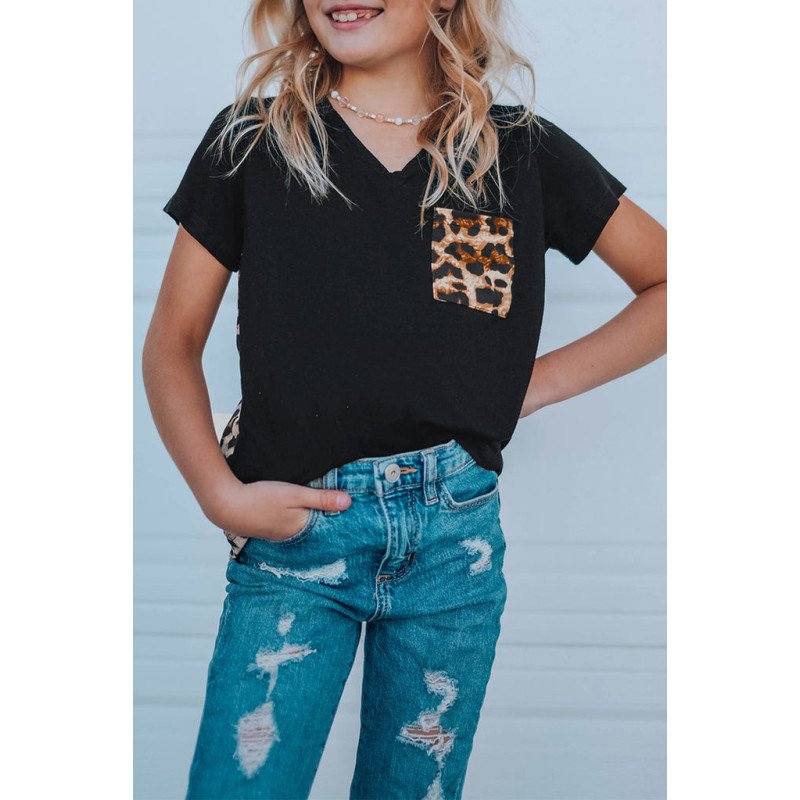 Kids Leopard Print Tops V Neck Leopard Shirts Short Sleeve Blouses with Pocket