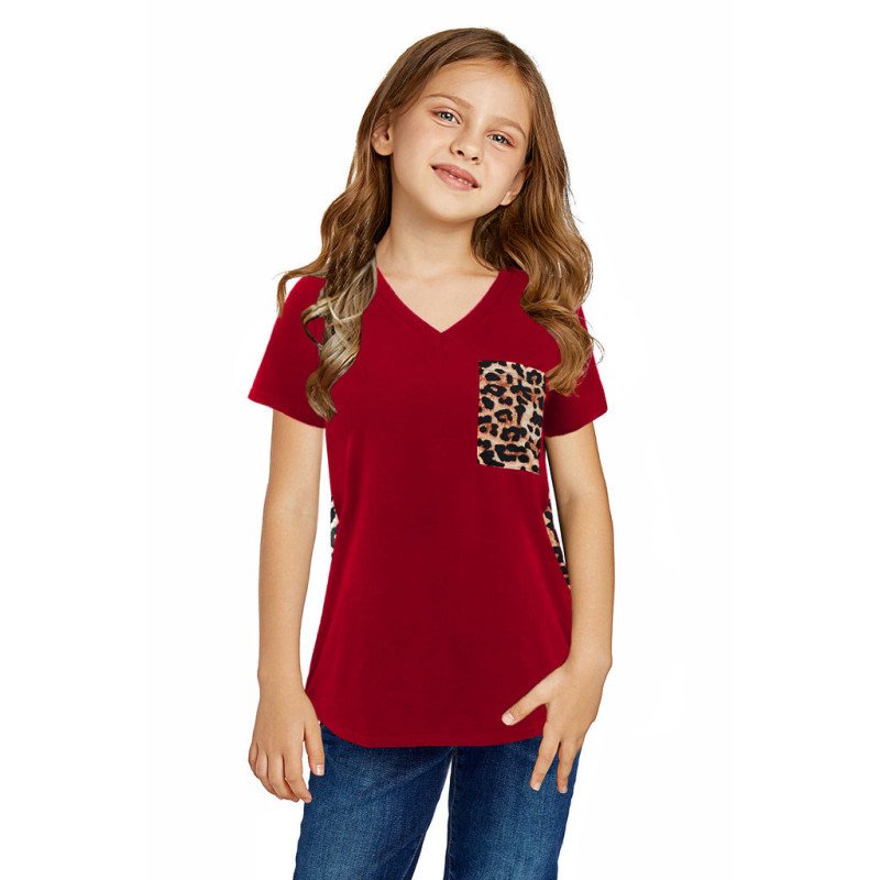 Kids Leopard Print Tops V Neck Leopard Shirts Short Sleeve Blouses with Pocket