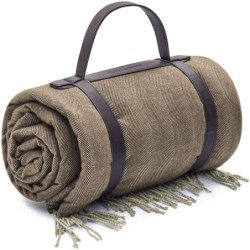 KingCamp 79" x 59" Picnic Beach Blanket Faux Wool Waterproof Sand Free Backing with PU Handle KP2012-Beige/Coffee-peva