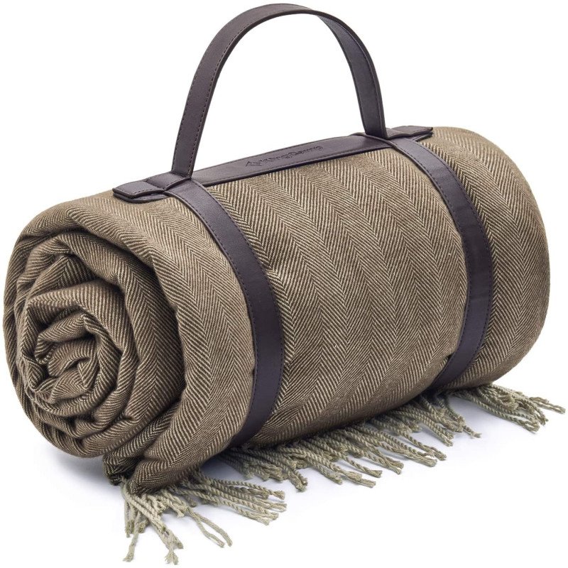 KingCamp 79" x 59" Picnic Beach Blanket Faux Wool Waterproof Sand Free Backing with PU Handle KP2012-Beige/Coffee-peva