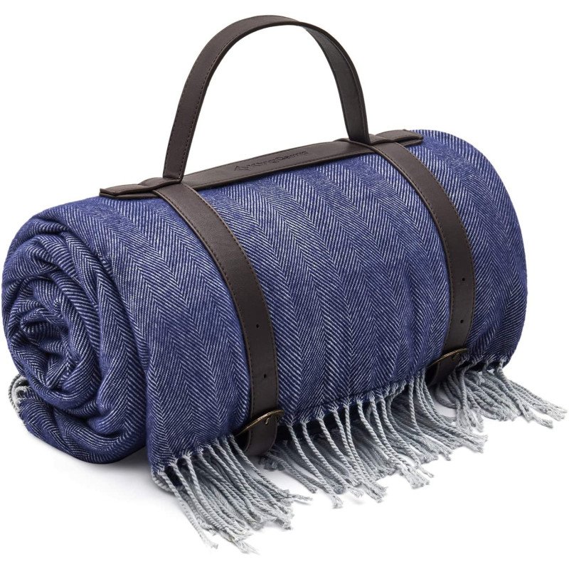 KingCamp 79" x 59" Picnic Beach Blanket Faux Wool Waterproof Sand Free Backing with PU Handle KP2012-Blue/Gray-peva