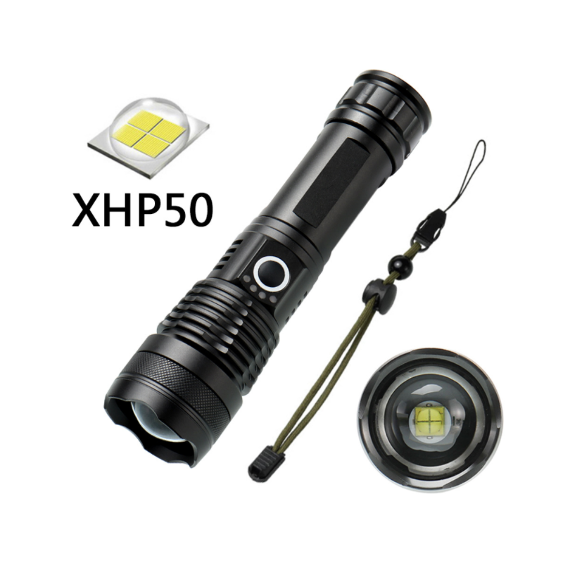 LED Flashlight, XHP50 Telescopic zoom, 5 Modes Rechargeable Flashlights with 4LED Power Indicator lamps