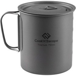 COOK'N'ESCAPE 750ml Titanium Cup Pot with Lid Foldable Handle for Outdoor Camping Backpacking Hiking Cooking