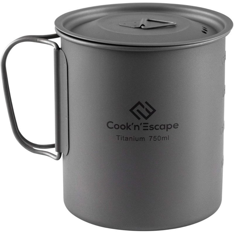 COOK'N'ESCAPE 750ml Titanium Cup Pot with Lid Foldable Handle for Outdoor Camping Backpacking Hiking Cooking