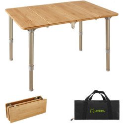 ATEPA Protable Bamboo 4-Folding Table, Adjustable Height Aluminum Frame Camping Outdoor Table with Carry Bag